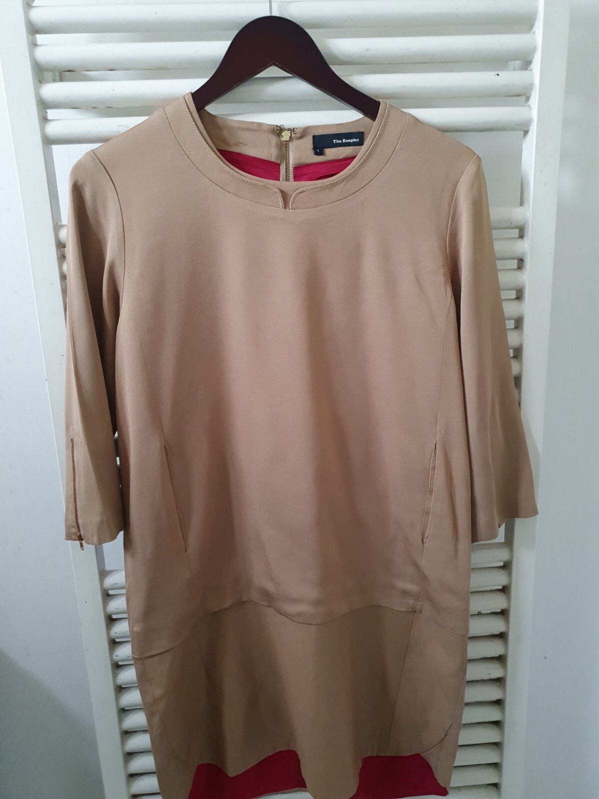 Vestido recto The Kooples camel con ribete de cuero Reino Unido grande 12/14 en muy buena condición PVP £279