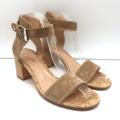 Gianvito Rossi Rikki Cork Sandals Tan Suede Size 39 Ankle Strap Heels