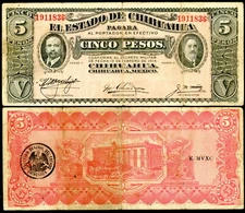 LARGE & IMPRESSIVE CHIHUAHUA, MEXICO 5 PESOS P-S531f 1914 100+ YEARS OLD VG!