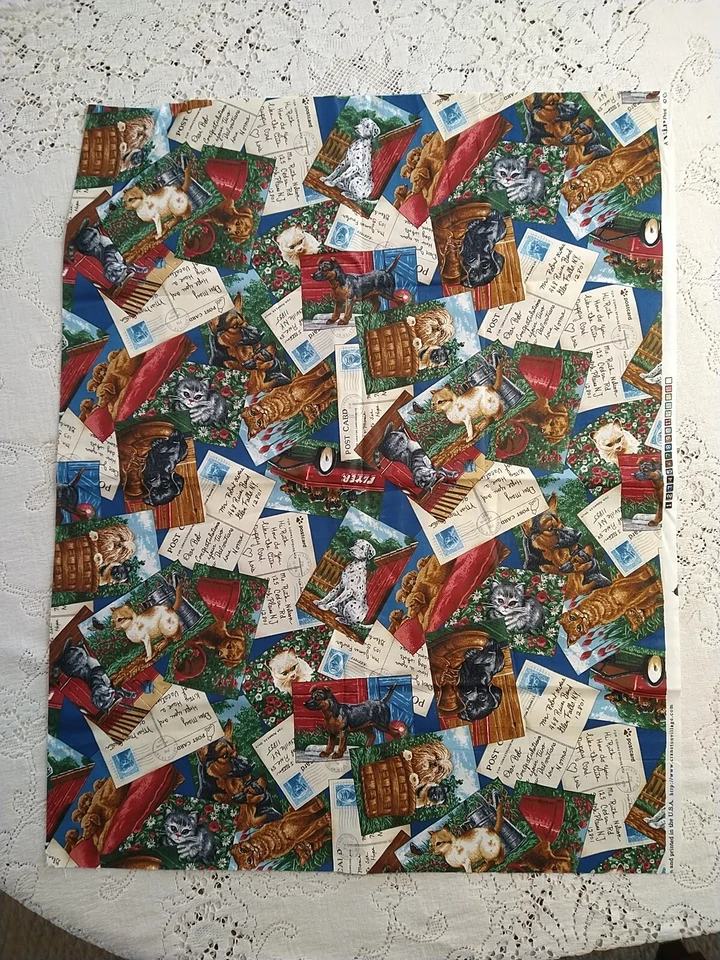 Vintage VIP Cranston Fabric Postcards Puppies & Kittens 27" x 44" Dog Cat Fabric - Image 3 of 4