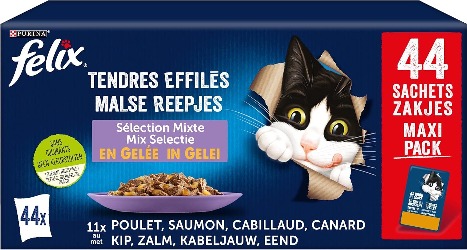 Felix Tendres Effilés en Gelée boîte méga pack multipack chat adulte 44x85g