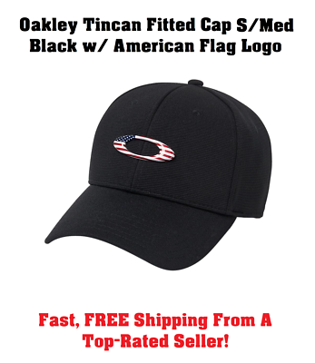 Oakley Tincan Contoured Fitted Hat/Cap Black w/ American Flag Icon 