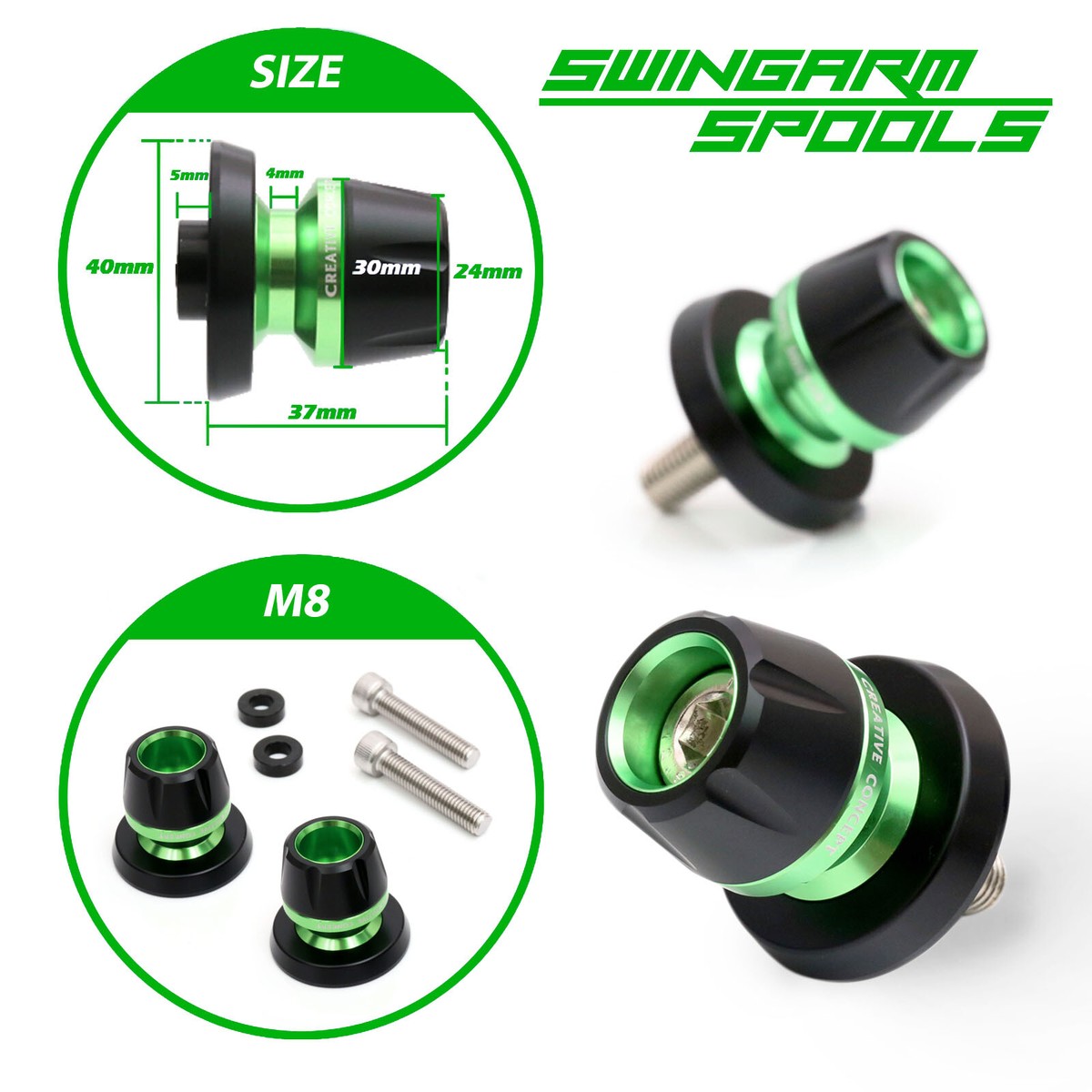 Green BB01 8MM CNC Paddock Stand Spools For Kawasaki Z H2 20