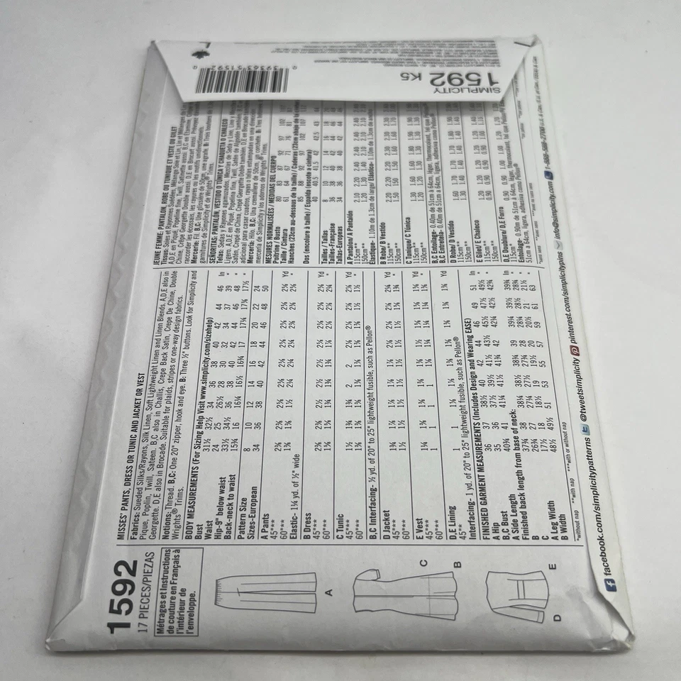 Simplicity Sewing Pattern 1592 Ladies Pants Dress Tunic Jacket Vest Size 8-16 UC - Image 2 of 4