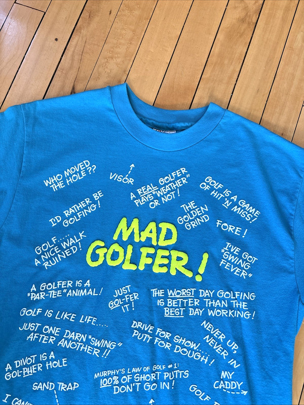 Vintage "Mad Golfer" Hanes 50/50 T-Shirt Blue Teal Green Men's Large USA Made