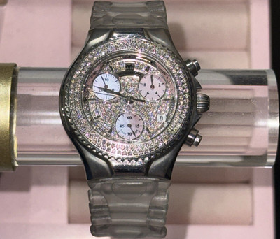 TechnoMarine Luxury Chronograph Diamond Bezel Silver Watch Clear Strap
