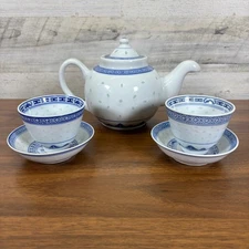 Vintage Chinese Cobalt Blue  Rice Grain Teapot Saucers and cups