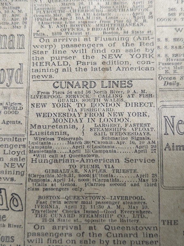 MAR 25, 1910 NEWSPAPER PAGE #2192-  CUNARD LINES MAURETANIA, LUSITANIA 