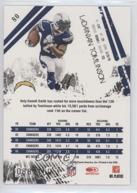 2009 Donruss Rookies & Stars Longevity Ruby /150 LaDainian Tomlinson #80 HOF - Image 2 of 2