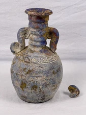 Ancient Earthenware Pottery Jug Vessel w/ Handles Rustic Primitive Antique READ