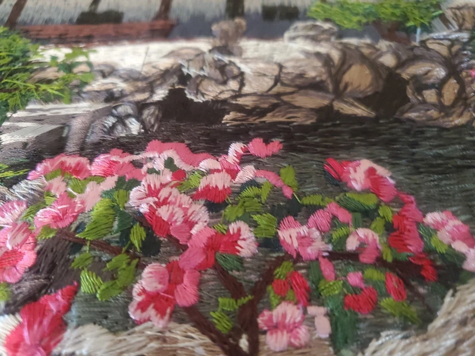 Vintage Chinese Silk Art Thread Embroidered Needlework Asian Landscape Pagoda 2 - Image 2 of 4