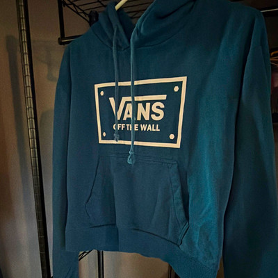 VANS Off The Wall Blue Logo Pullover Hoodie Women s M Cropped Pockets