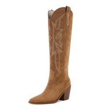 Brown Cowgirl Boots Suede Knee High Cowboy Boots for Women Embroidered Wide C...