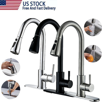 Kitchen Sink Faucet Brushed Nickel Single Handle Swivel Pull Down Sprayer Mixer