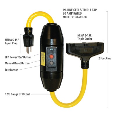 Tower Manufacturing 30396501-08 Manual-Reset 20 Amp GFCI Triple Tap Cord, 2 ft.