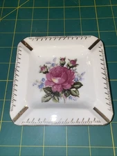 Pink Rose Ashtray Ceramic White with Gold Trim 5" Square Table Ash Tray