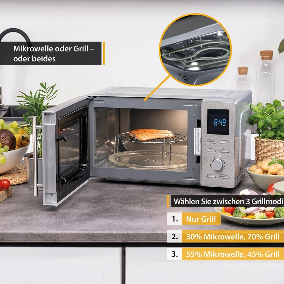 2in1 Mikrowelle mit Grill 1100W Freistehend 20L Grillfunktion Edelstahl - Bild 3 von 4