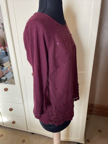 NEXT Burgundy Purple Cotton Sequin Lace Trim 3/4 Sleeve Ladies Top Size 12 - Picture 8 of 12