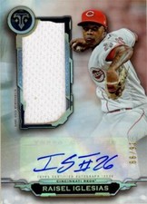 Raisel Iglesias autographed jersey relic baseball card 2019 Topps Triple Threads