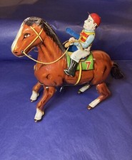 Wind Up Mechanical Tinplate Horse with Jockey Rider Haji Japan 50s