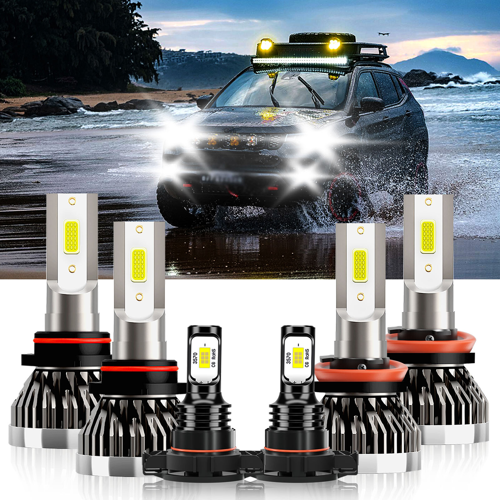 LED Headlight + Fog Light Bulbs Combo 6000K white For Jeep Compass 2011-2013
