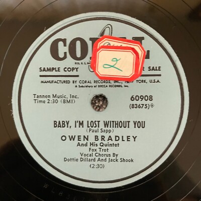 OWEN BRADLEY AND HIS QUINTET Coral 60908 PROMO 78rpm Baby, I'm Lost Without You
