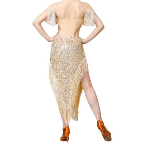iEFiEL Damen Latein Tanzkleid Salsa Tango Pailletten Fransenkleid Glitzer Kleid - Bild 40 von 72