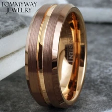 Bronze-Brown Tungsten Carbide Men's Ring Rose Gold Plated Stripe Wedding Band