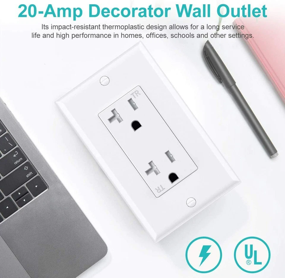 Outlet Socket, Decora Duplex Receptacle, 20 Amp 125 Volt Tamper Resistant 10pack - Image 2 of 4