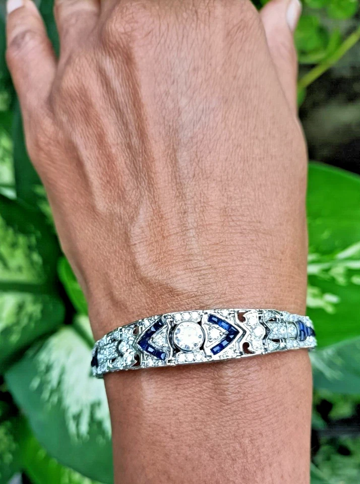 4Ct Rund Labor Erstellt Saphir & Diamant Art Déco Armband 925 Sterlingsilber - Bild 2 von 4