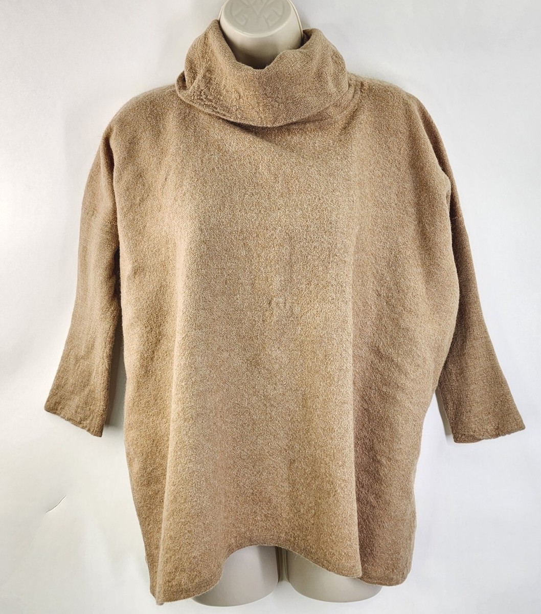 CUYANA Sweater Womens Petite Camel Oversized 100% Baby Alpaca Turtleneck
