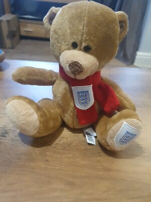 Teddy Bear wearing an England Scarf Sitting Football Teddy Bear Brown  UK