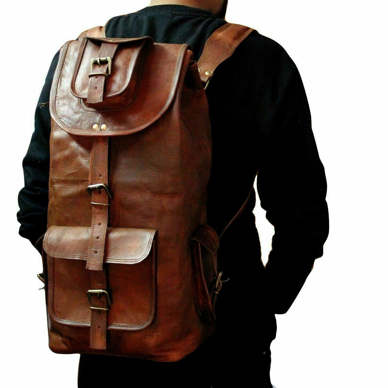 Leather Backpack Genuine Bag Laptop Men's Rucksack Travel Vintage New Brown 16"