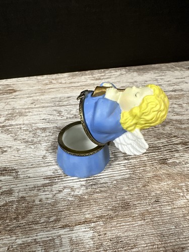 Angel Hinged Porcelain Trinket Box, JCM -Blue Dress, Blonde Hair - 3 inch Height - Picture 7 of 11