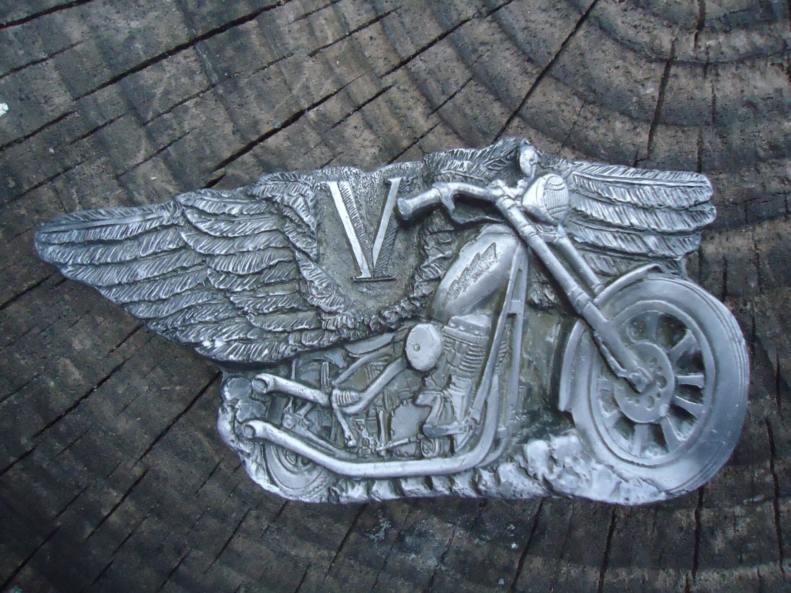 VTG Pewter Motorcycle Belt Buckle 80s USA C&J Inc Biker Hog Wings V Statement