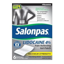 Salonpas Lidocaine 4% Pain Relieving Gel-Patch, 6 Count, for Back, Neck, 