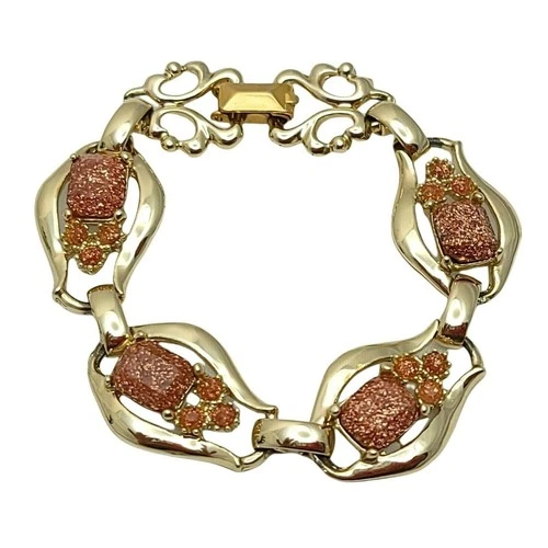 Vintage 80s Rose Goldstone Panel Link Bracelet Gold Tone Sparkle Costume Jewelry