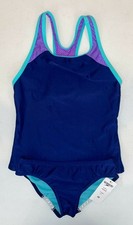 Speedo Girl's Tankini Mesh Thick Strap Swimsuit Blue Harmony Mesh Size 10 -
