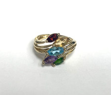 9ct Yellow Gold Ring Multi Colour Natural Stones Harlequin Hallmark Size M 3.1g