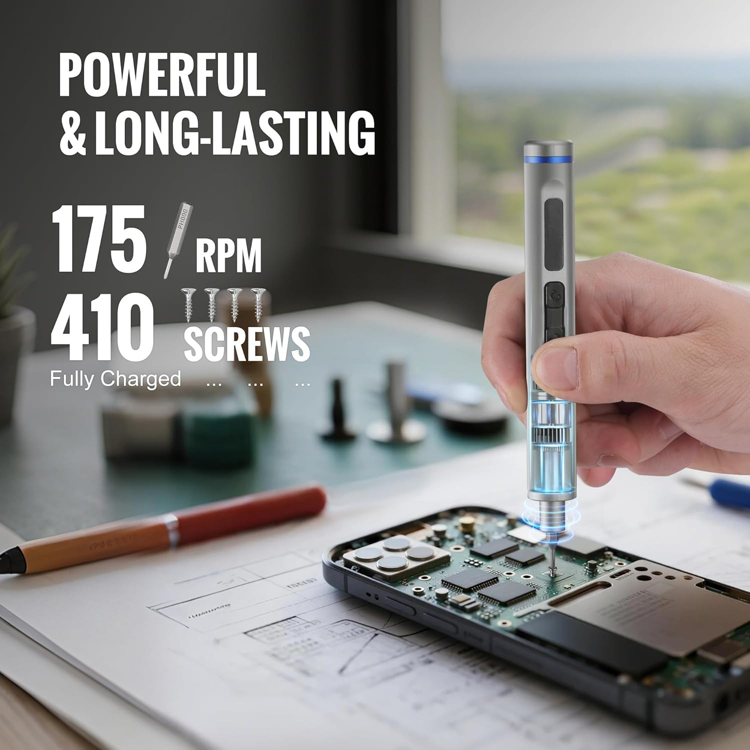 Mini Electric Screwdriver with Magnetizer, 36 S2 Steel Bits & 2 Pry Bars, 3.7V R