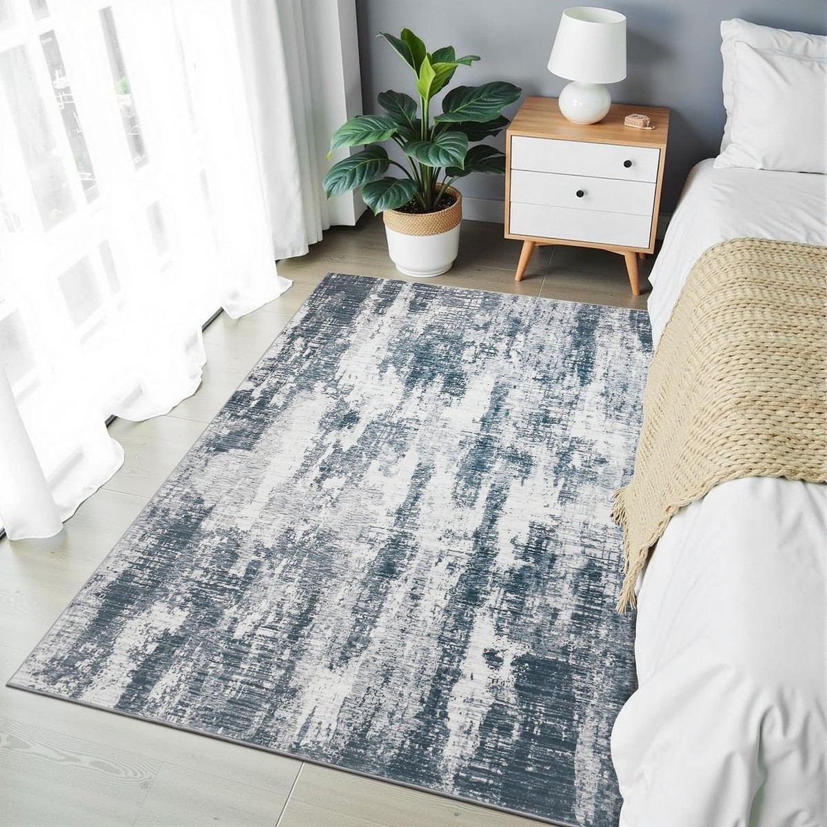 Modern Abstract 3x5 Rug, Soft Grey Area Entryway Rug, Machine