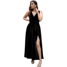 LBISSE Vamp Black Velvet Maxi Dress Sleeveless V Neck Evening Party Cocktail