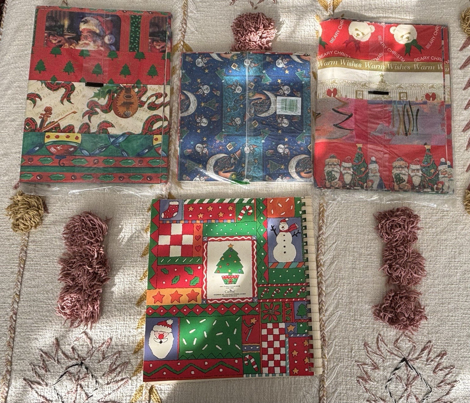 Vintage Christmas Wrapping Paper Lot And Window Cling Book Full Of Cute Designs