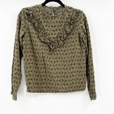 Cooper & Ella Women's Olive Green Embroidered Ruffle Neck Long Sleeve Top Size S