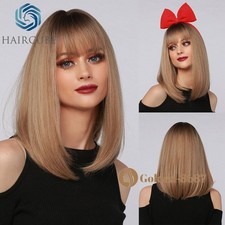 Women Short Bob Brown Blonde Natural Straight Hair Wigs with Bangs Daily Party