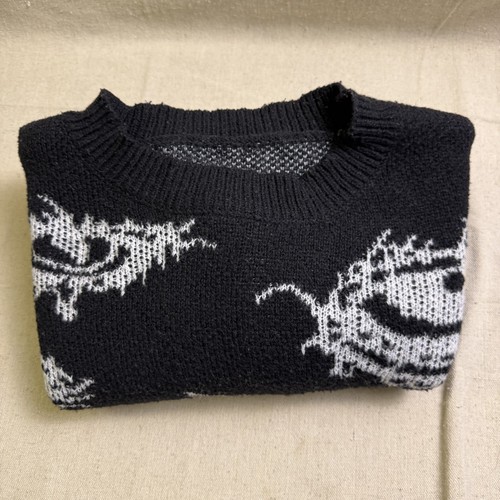 Romwe Sweater Womens Size L Black AOP Rib-Knit Round Neck Drop Shoulder Pullover - Picture 2 of 8
