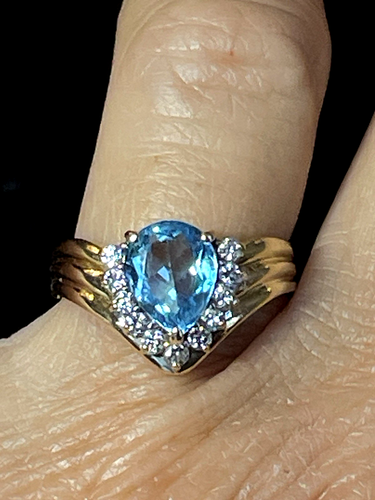 14K GOLD BLUE TOPAZ & DIAMOND RING NATURAL GEMSTONE SIGNED - Picture 12 of 16