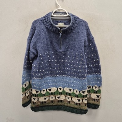 Pachamama Snowy Sheep handgestrickt 100 % Wolle Half Zip Pullover Sweater Größe Small