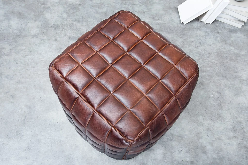 Retro Hocker RIDER 40cm braun Echtleder mit Ziersteppung Fußhocker Sitzwürfel - Bild 4 von 4