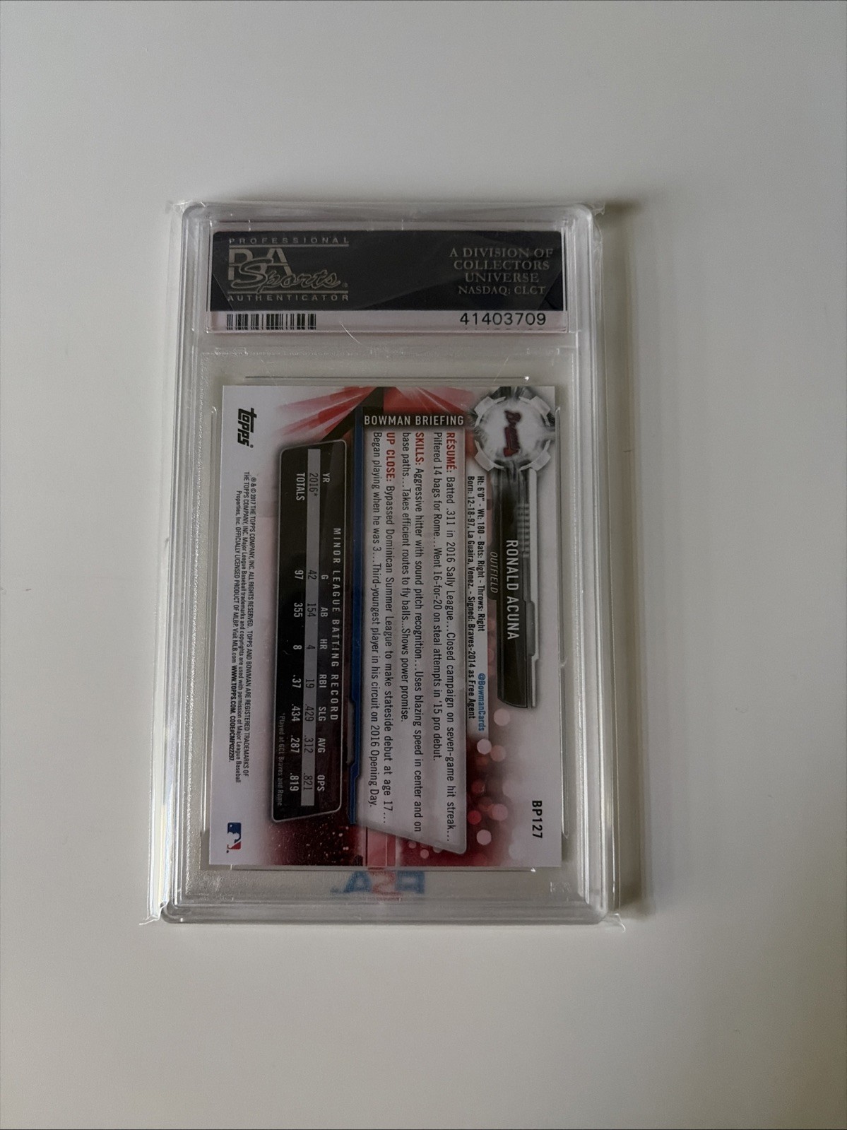 Ronald Acuna Jr 1st Bowman PSA 10 Gem Mint Rookie Card view 2